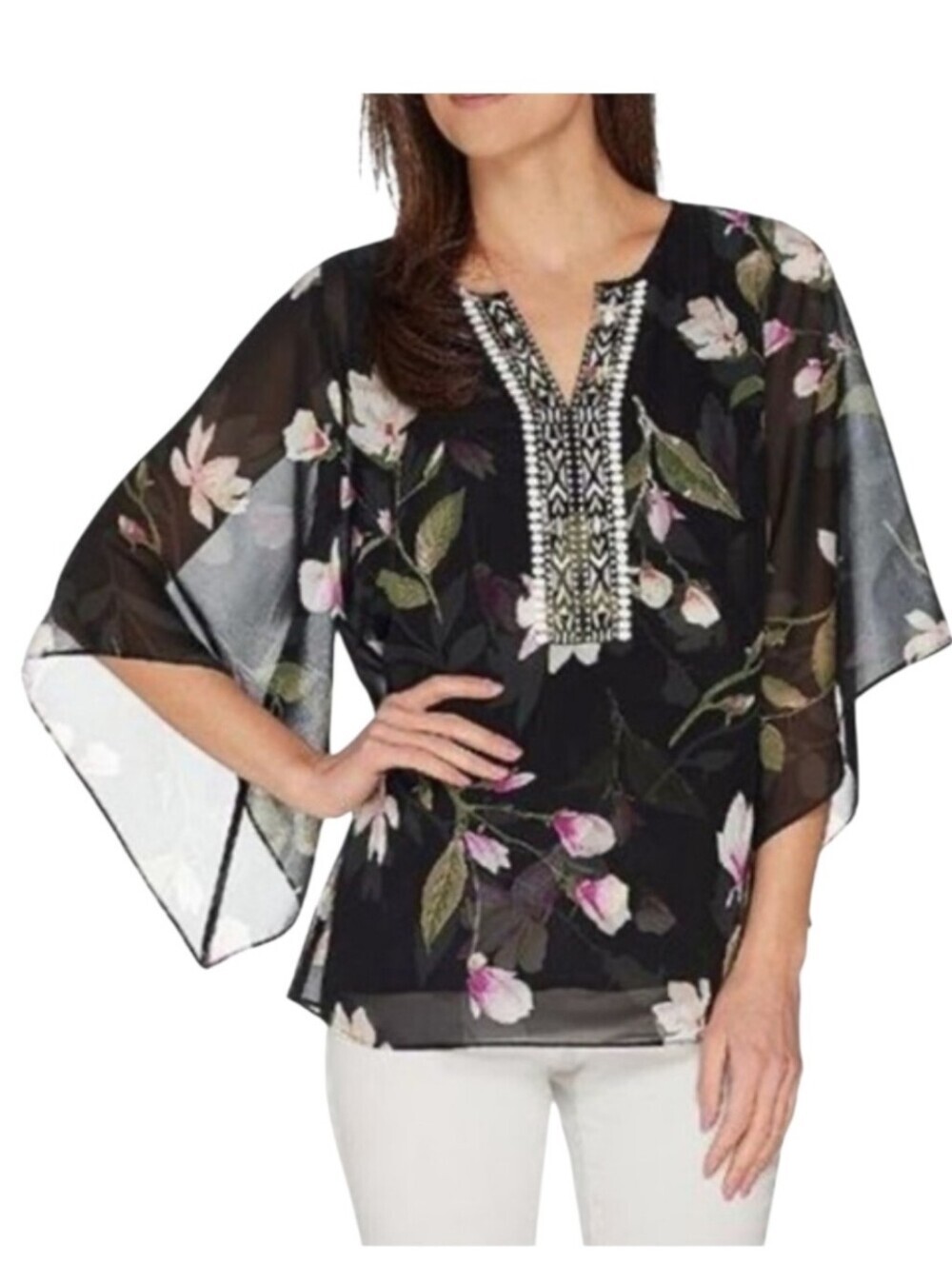 Belle By Kim Gravel Boho Black Floral Kimono Sleeve Blouse 1X
